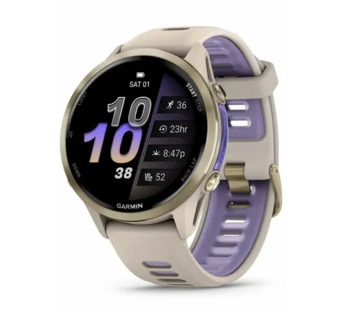 Garmin Forerunner 970 Soft Gold Titanium with French Gray Case and French Gray/Translucent Indigo Band