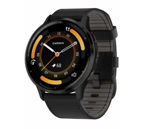 Garmin Venu 3 Slate Stainless Steel Bezel with Black Case and Leather Band